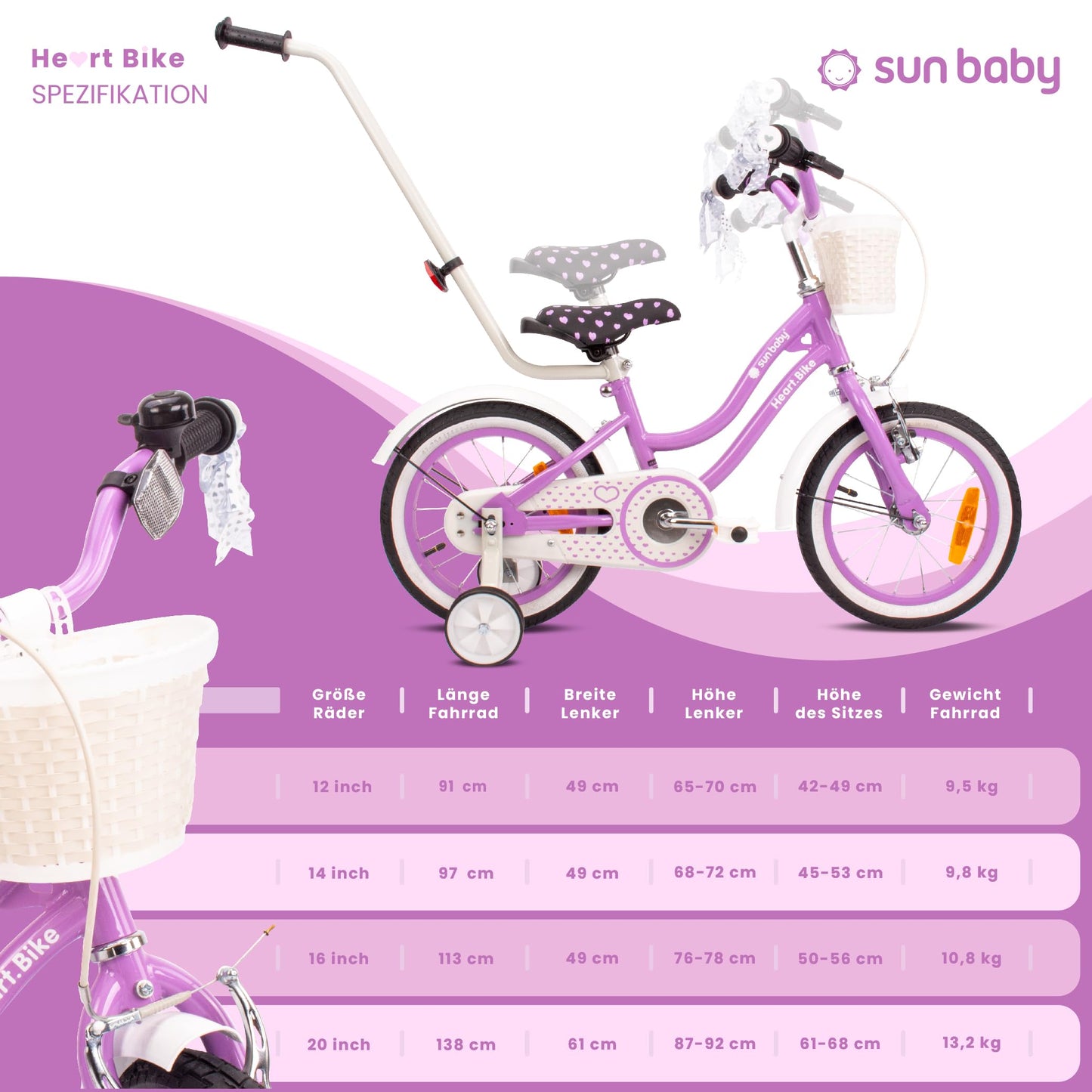sun baby Mädchenfahrrad 12, 14 und 16 Zoll Radgröße Heart Bike zur Auswahl, mit Abnehmbarer Schubstange, Kinderfahrrad für Mädchen von 2 bis 6 Jahre - Meloni2