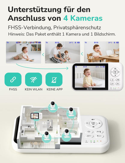 GHB Babyphone mit Kamera Baby Monitor 3,2 Zoll Weiß | 2100 mAh Akku, Max. 60 Std Akku im VOX Modus, Infrarot-Nachtsicht ohne Störlicht, Gegensprechfunktion, Temperatursensor