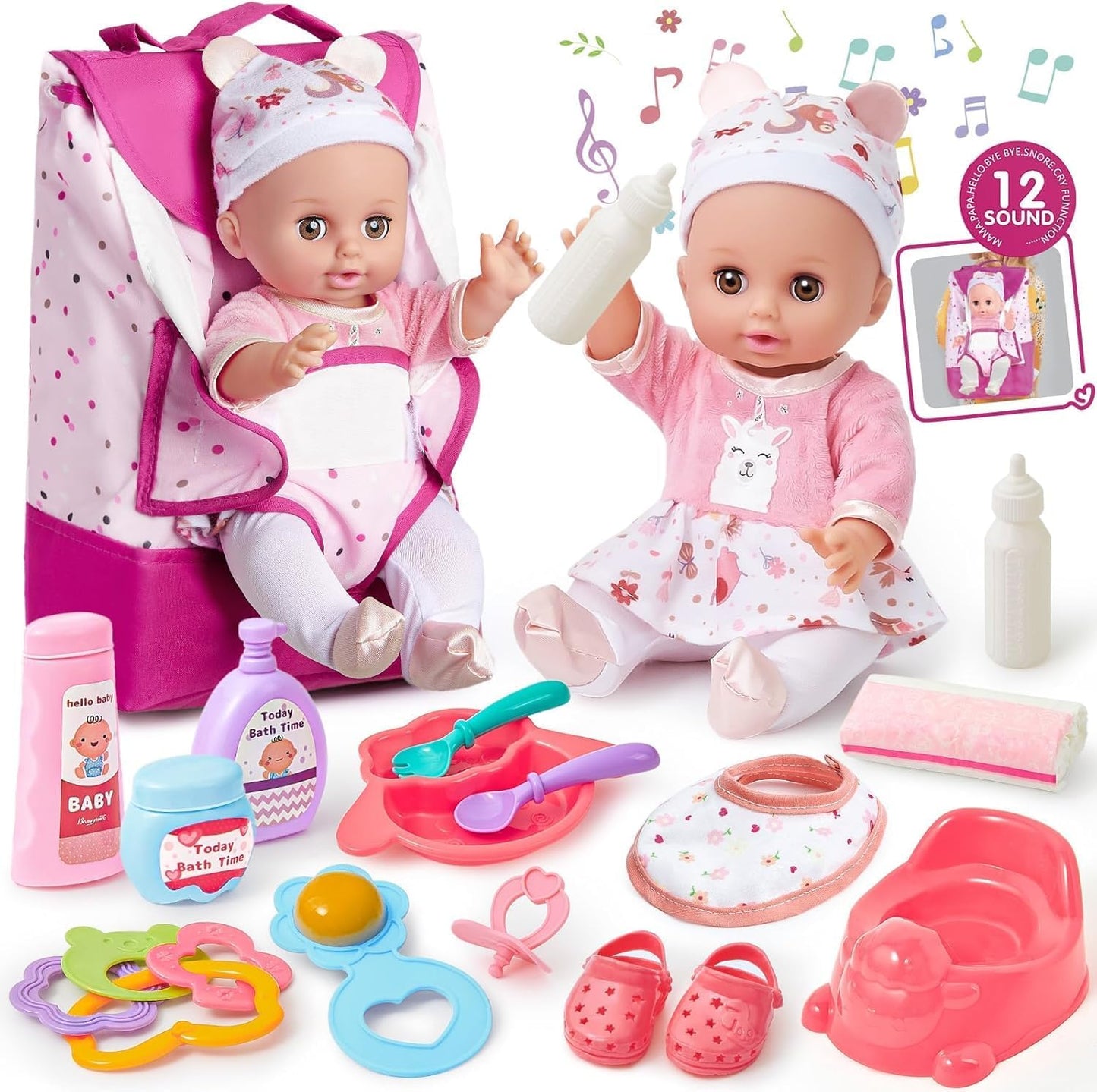G.C Puppenzubehör Spielzeug Geschenk Mädchen, 36cm Babypuppe mit 12 Geräuschen & Wickeltasche Rucksack & Puppenkleidung & Töpfchen, Puppen Zubehör Geschenke für Mädchen 3 4 5 6 Jahre