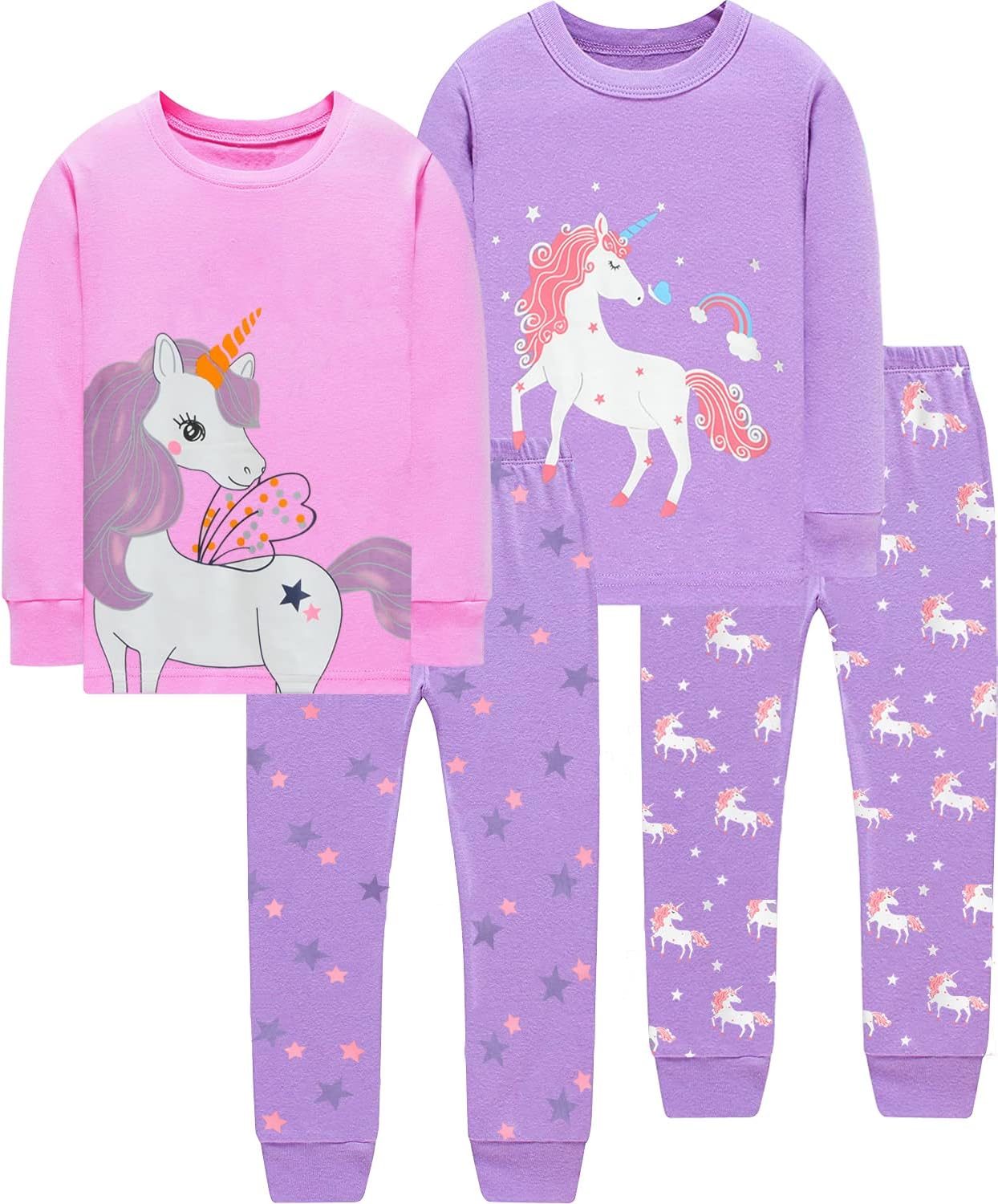 EULLA Kinder Mädchen Schlafanzüge Langarm Baumwolle Winter Pyjama Set Einhorn Prinzessin Dino Hase Eule Zweiteilig Nachtwäsche 1-10 Jahre 92 98 104 110 116 122 128 134 140