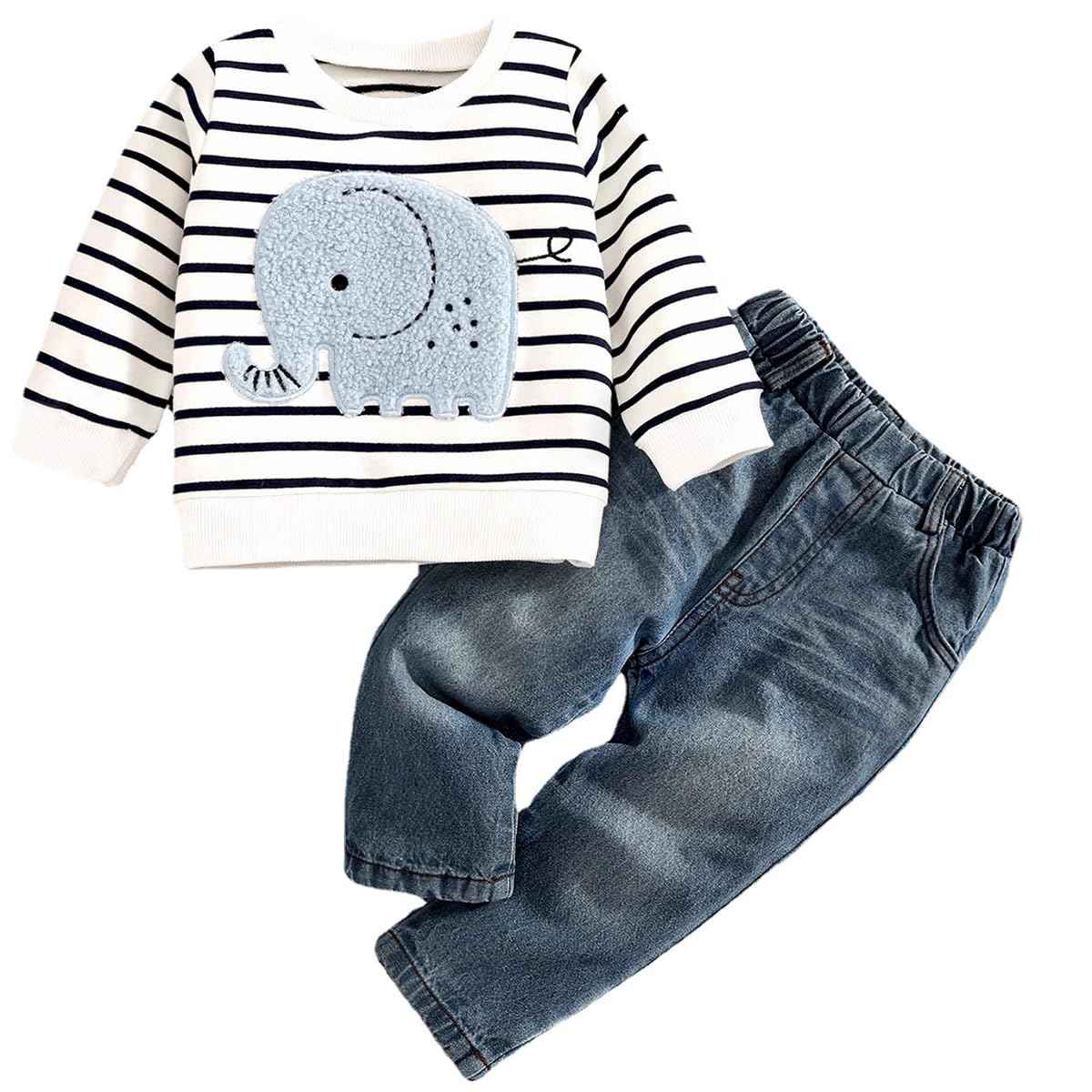 LUVCES Toddler Baby Boys Clothing Cute Animal Print Long Sleeve Sweatshirt Tops and Jeans Set Autumn Winter Baby Boy Jeans Casual 2-Piece Outfit