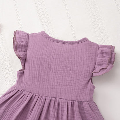 Kleinkinder Mädchen Sommerkleid Rüschenärmel Rundhalsausschnitt Knopfleiste Kleid lässiges Herbst A-Linien Party Kinderkleider 2-6 Jahre