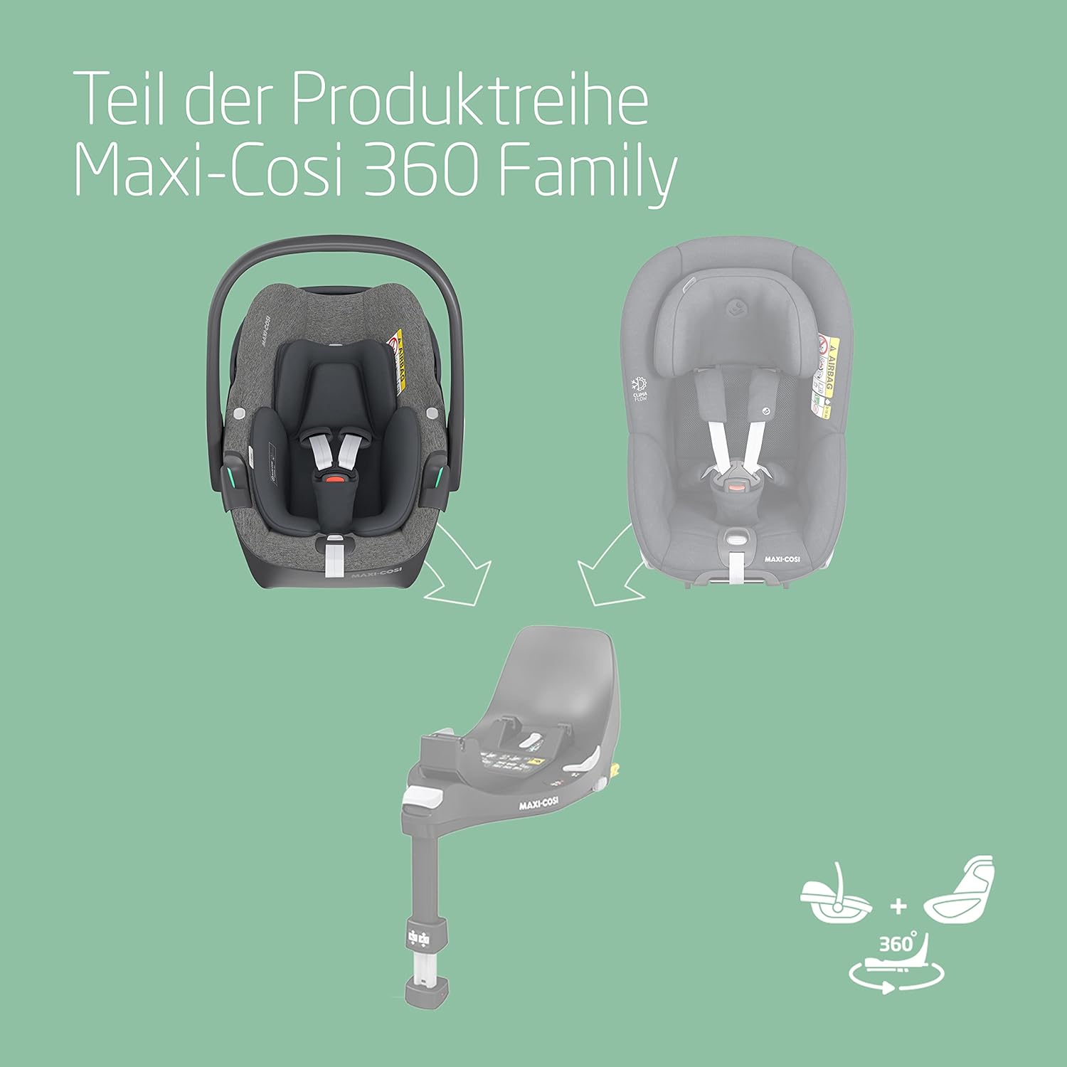 Maxi-Cosi Pebble 360 i-Size Babyschale Drehbar, Neugeborenen Autositz 360 Grad, 0–15 Monate (40–83 cm), Drehung mit einer, ClimaFlow, Easy-In-Gurt, G-CELL Seitenaufprallschutz, Select Grey - Meloni2
