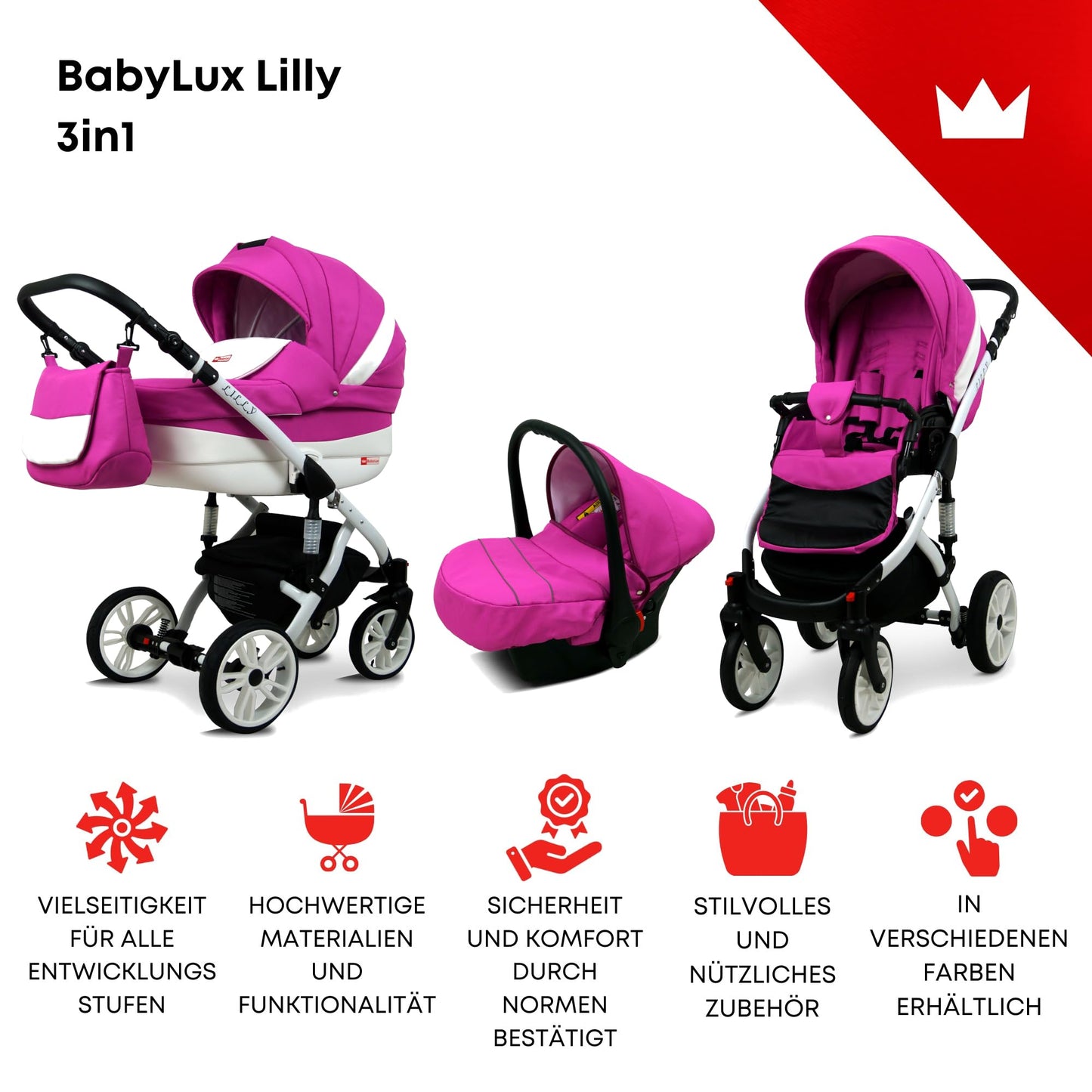 BabyLux® Bambimo Kinderwagen Set 3 in 1 - Lilly - incl. Babywanne, Buggy Sportsitz, Auto-Babyschale - Autositz - Kinderwagenset - Kombikinderwagen mit Wickeltasche, Regenschutz usw.