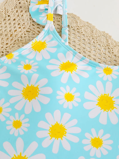 JiAmy Mädchen EIN Stück Badeanzug mit Rüschenrock Sommer Strand Badeanzug Daisy Floral Mädchen Bademode für 8-12 Jahre (120-160cm)