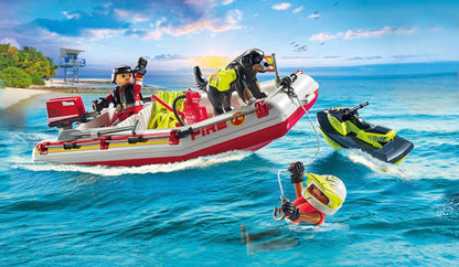 PLAYMOBIL Action Heroes 71464 Fire Boat with Aqua Scooter, Exciting Water Rescue, Includes Diving Goggles, Flippers and Life Jacket, Realistic Toy for Children from 4 Years