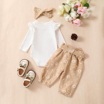 Geagodelia Baby Girl Clothes Baby Clothing Outfit Set Long Sleeve Bodysuit Romper + Daisy Pants + Headband Newborn Soft Baby Set 