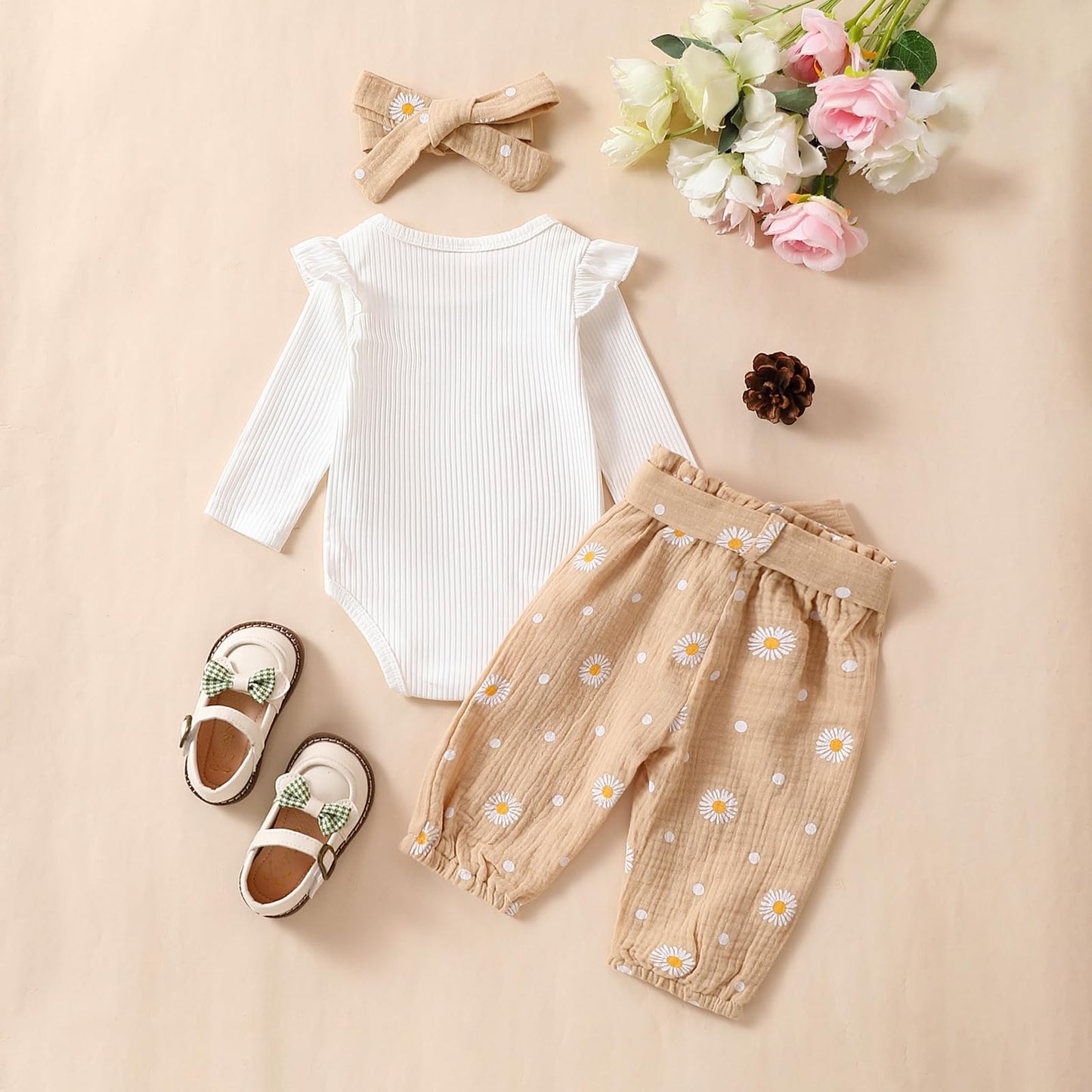 Geagodelia Baby Girl Clothes Baby Clothing Outfit Set Long Sleeve Bodysuit Romper + Daisy Pants + Headband Newborn Soft Baby Set 