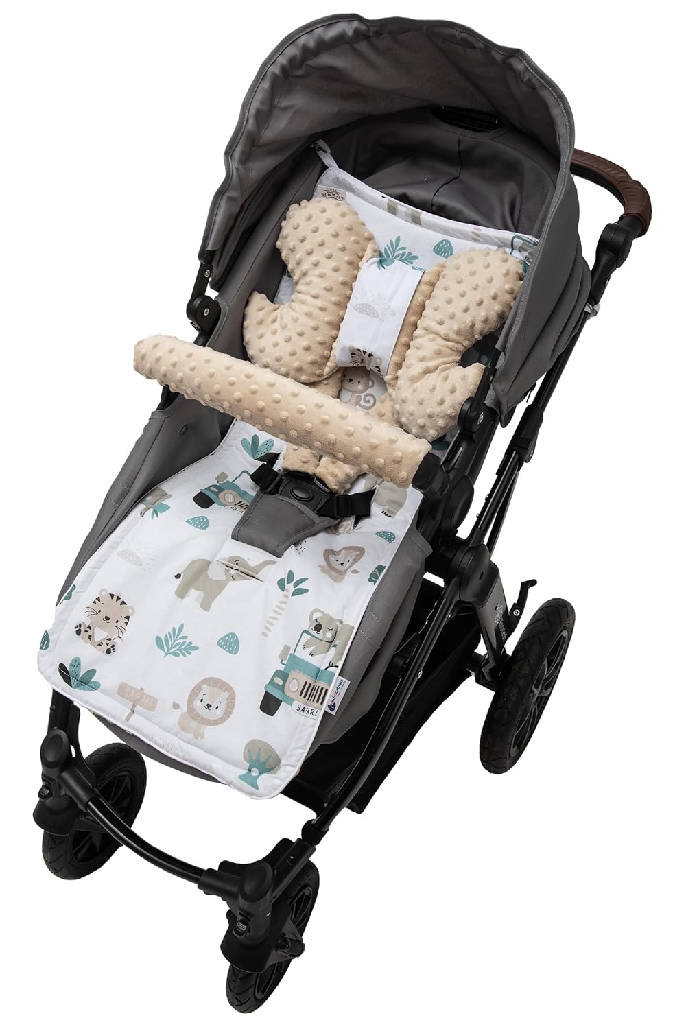 Sitzauflage Kinderwagen Buggy Baby Sommer Kindersitz Einlage Universal - 5tgl Gurtpolster + Spielbogen Kinderwagenset Babyschale (Safari mit beige Minky)