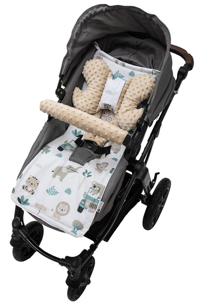 Sitzauflage Kinderwagen Buggy Baby Sommer Kindersitz Einlage Universal - 5tgl Gurtpolster + Spielbogen Kinderwagenset Babyschale (Safari mit beige Minky)