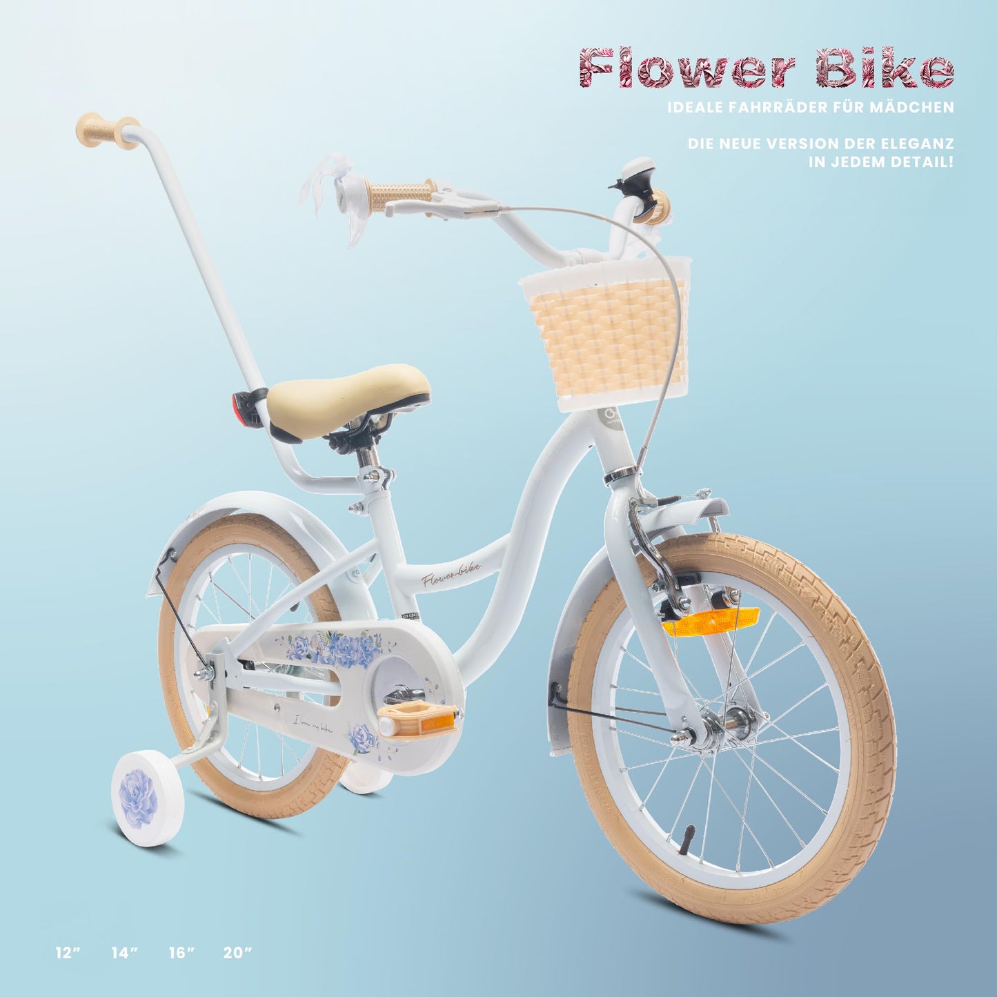 sun baby Mädchenfahrrad Flower Bike Radgröße zur Auswahl, mit Abnehmbarer Schubstange, Kinderfahrrad für Mädchen von 2 bis 6 Jahre