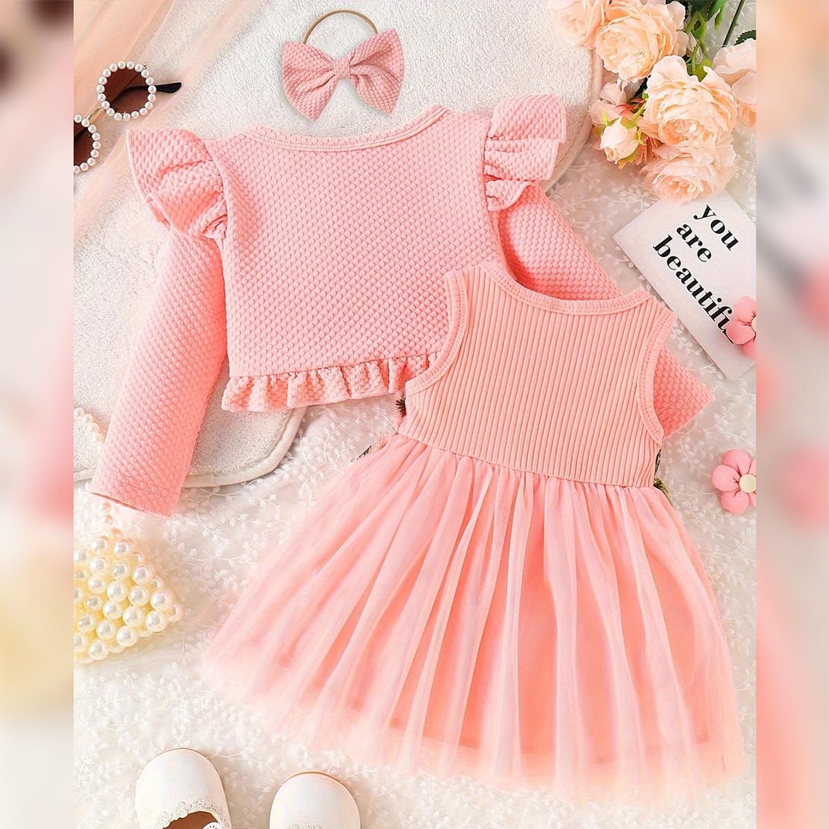 Baby Mädchen Kleid Strickjacke Sets 3 Stück Neugeborene Kleidung Jäckchen + Kleid + Stirnband Frühling Sommer Herbst Winter Langarm Jacke Ärmelloses Kleid für Hochzeit Weihnachten