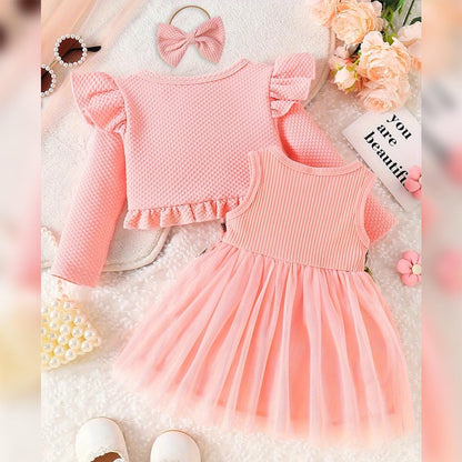 Baby Mädchen Kleid Strickjacke Sets 3 Stück Neugeborene Kleidung Jäckchen + Kleid + Stirnband Frühling Sommer Herbst Winter Langarm Jacke Ärmelloses Kleid für Hochzeit Weihnachten