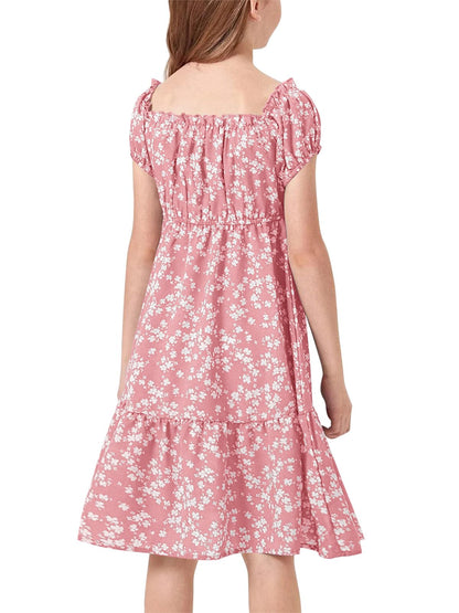 Haloumoning Mädchen Kleider Eckiger Ausschnitt Blumenkleid Kleider Sommer Puffärmel A-Linie Midikleid Kinder Partykleid