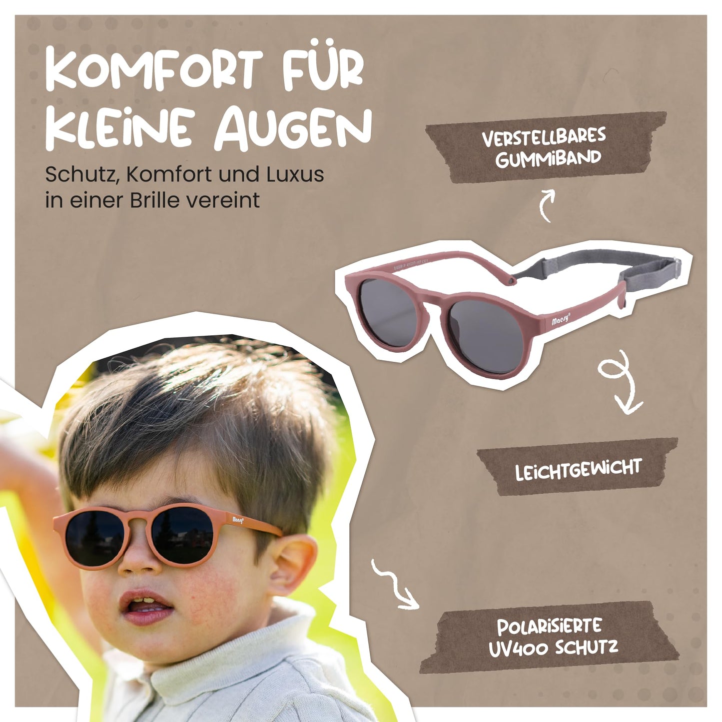 Maesy Kinder Sonnenbrille für Kleinkind und Baby - 1-3 Jahre - UV400 Polarisierter Schutz - Flexibler und Biegsamer Rahmen - Verstellbares Gummiband - Sichere und Bequeme Kindersonnenbrille - Bowi