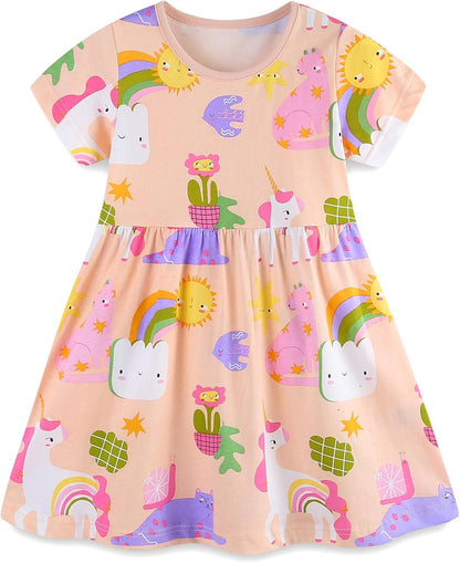 TEDD Mädchen Kleider Kurzarm Einhorn Blumen Sommerkleid Baumwolle Kleid Geburtstag Party Mädchenkleid Gr. 92-122
