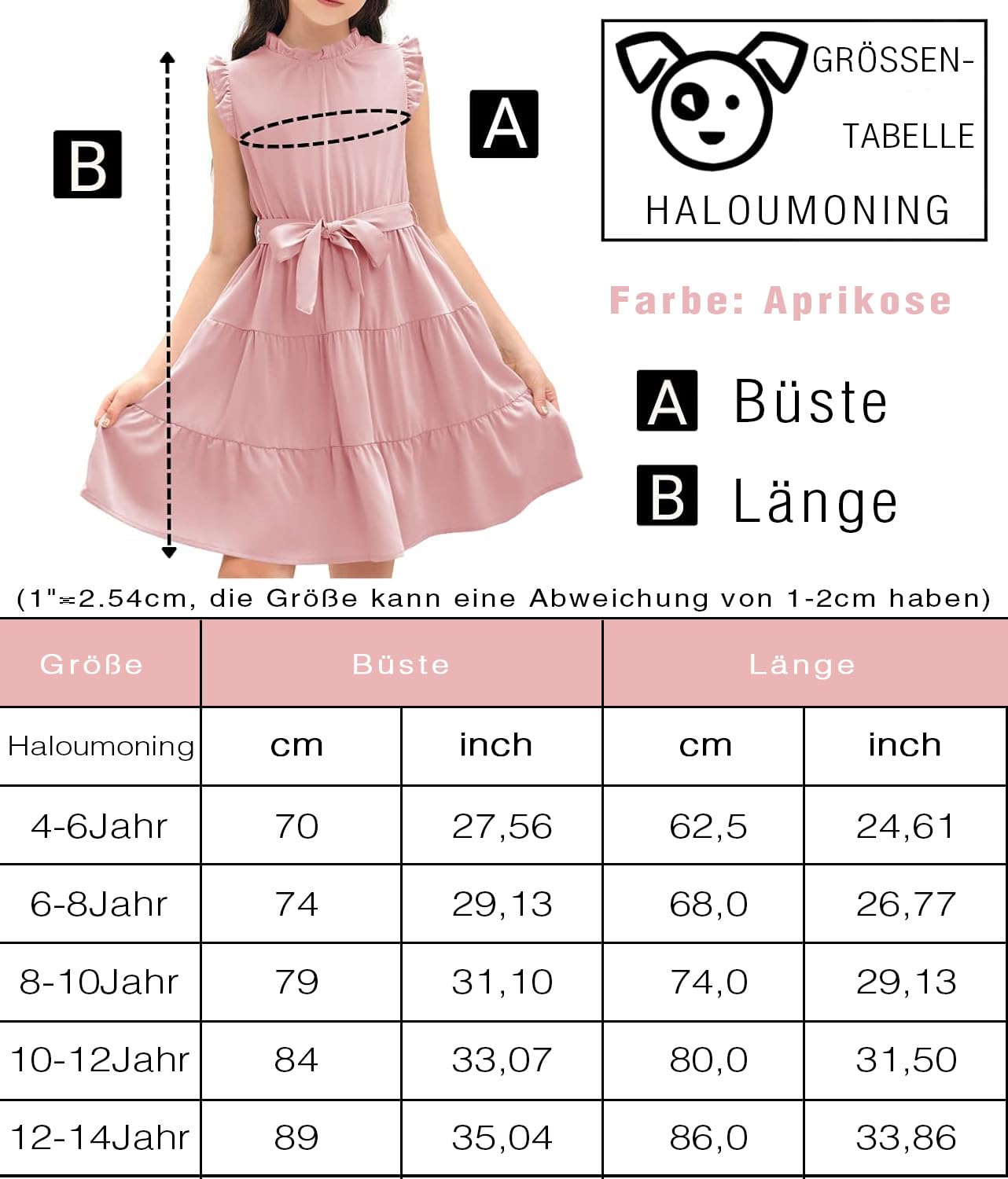Haloumoning Mädchen Kleider Casual Rüschen Ärmel Midi Kleid Kinder Plissee Party Kleid mit Gürtel 4-15 Jahre