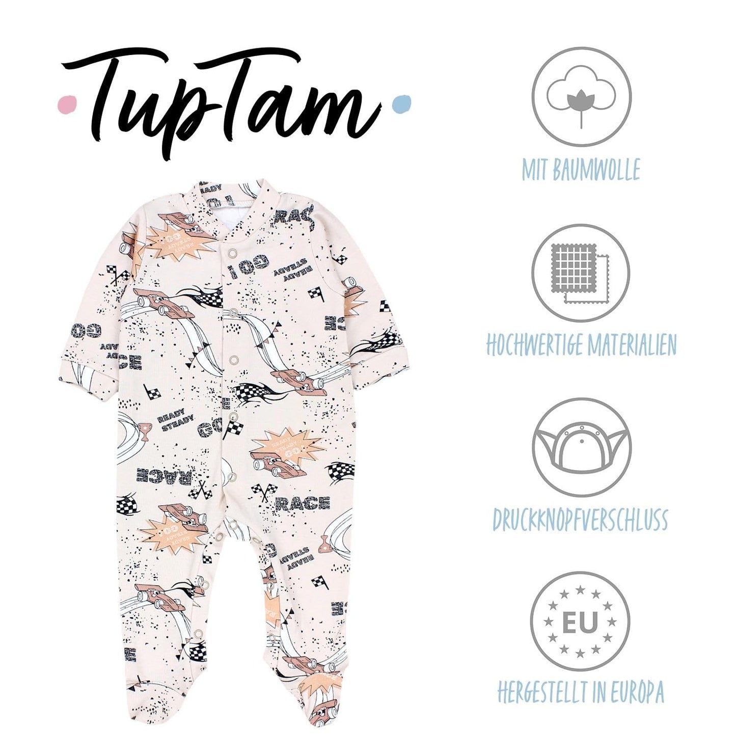 TupTam Baby Jungen Schlafstrampler Langarm Strampler Schlafanzug mit Fuß 3er Pack