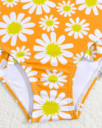 JiAmy Einteiliger Mädchen Badeanzug Blumenmuster Rüschen Elastischen Trägern Ärmellos Kleinkinder Schwimmkleidung für 2–7 Jahre/92-122