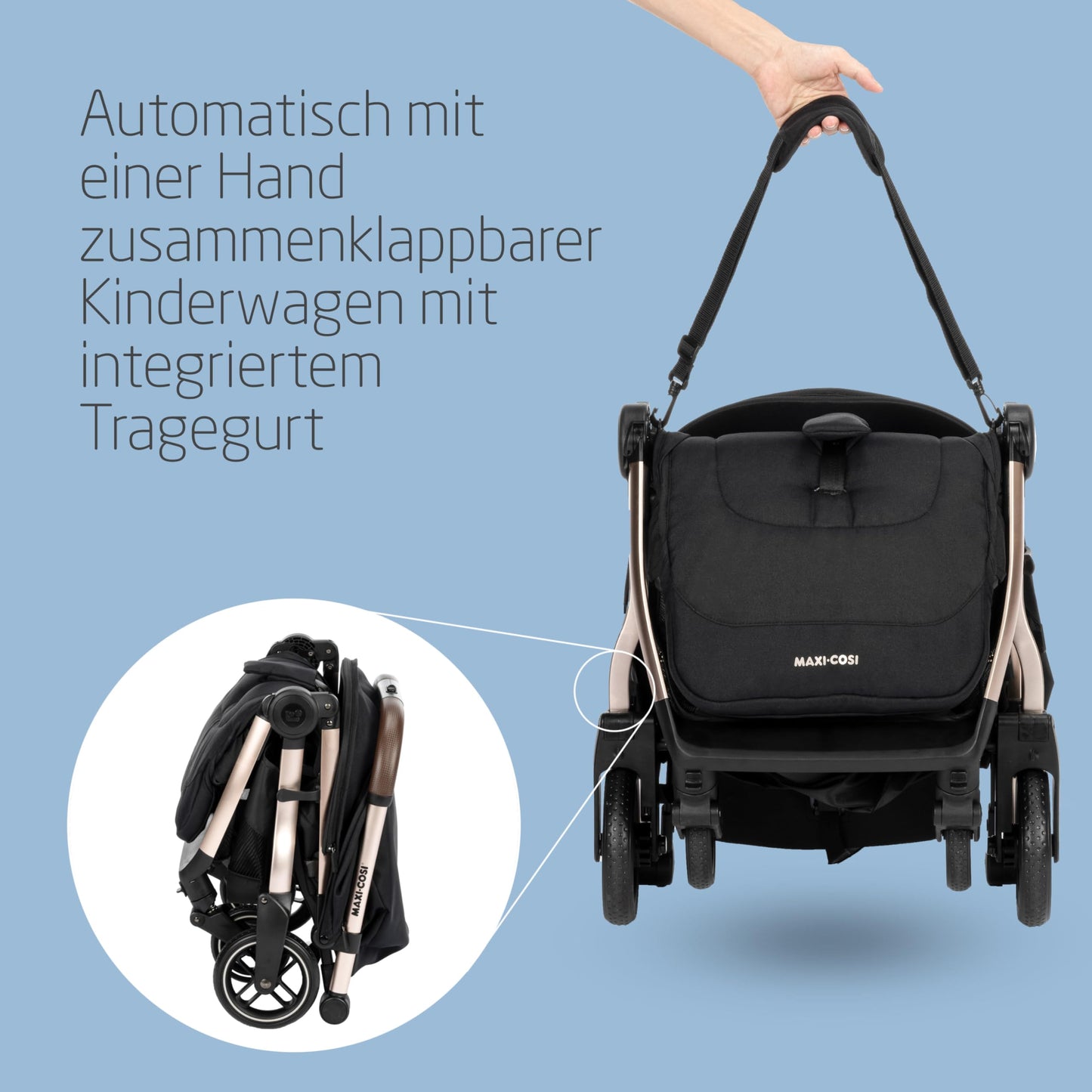 Maxi-Cosi Eva3 Pushchair, 0-4 Years, 0-22 kg, Baby Pram, Lightweight and Compact, Flat Reclining Position, 3 Reclining Positions, Automatic with 1 Hand Folding, Carry Strap, Select Grey