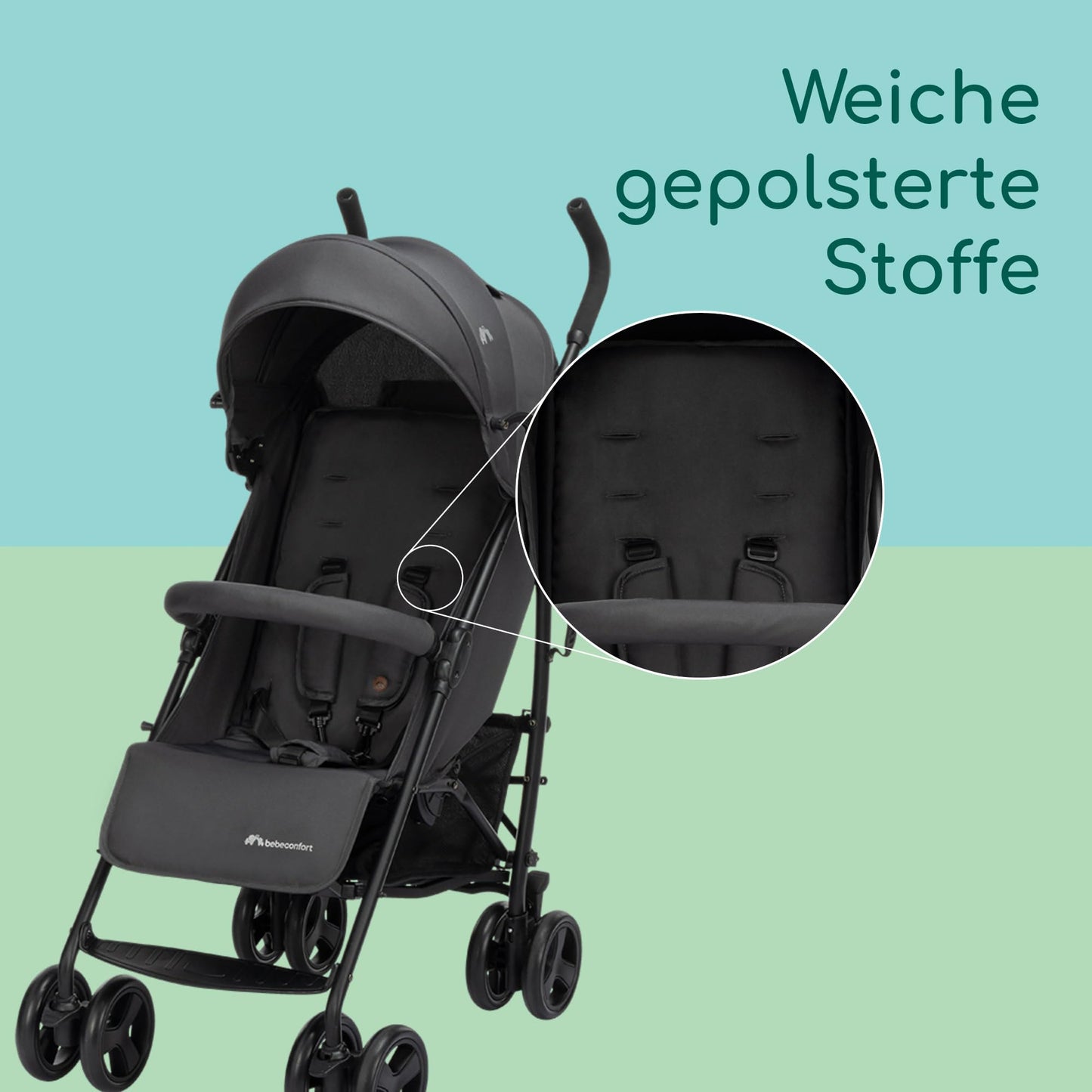 Bebeconfort Soko Superkompakter Kinderwagen, Bequem, Leichtgewich, Einfaches und Kompaktes Falten, 0 Monate bis 3,5 Jahre, 0-15 kg, Mineral Green