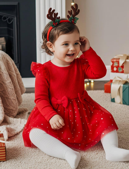 PATPAT Baby Girls' Tulle Dress with Long Sleeves, Tutu for Toddlers, Perfect as a Flower Girl or Christmas Party Birthday Long Sleeve Princess Dress, 3-24 Months