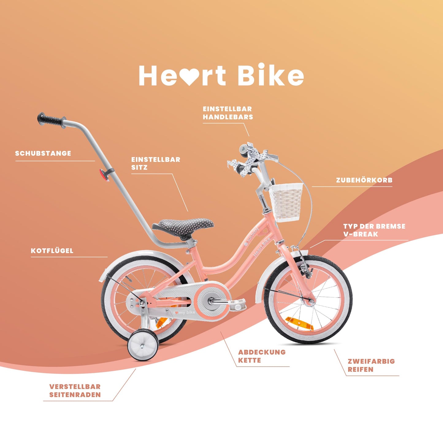 sun baby Mädchenfahrrad 12, 14 und 16 Zoll Radgröße Heart Bike zur Auswahl, mit Abnehmbarer Schubstange, Kinderfahrrad für Mädchen von 2 bis 6 Jahre