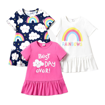 PATPAT Mädchen Kleid Set, Packung mit 3 Sommerkleider mit Kurzen Ärmeln und Rüschen in 3 verschiedenen Prints, Hochzeit Geburtstag Party Bankett Urlaub, Prinzessin Kleider für Mädchen 2-7 Jahre