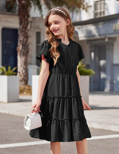 Arshiner Mädchen Kleid Festliches Rüschenärmel Sommerkleider V-Ausschnitt Partykleid Swiss Dot Stufenkleid Kinder A-Linie Swing Kinderkleid mit Tasche 3-12 Jahre