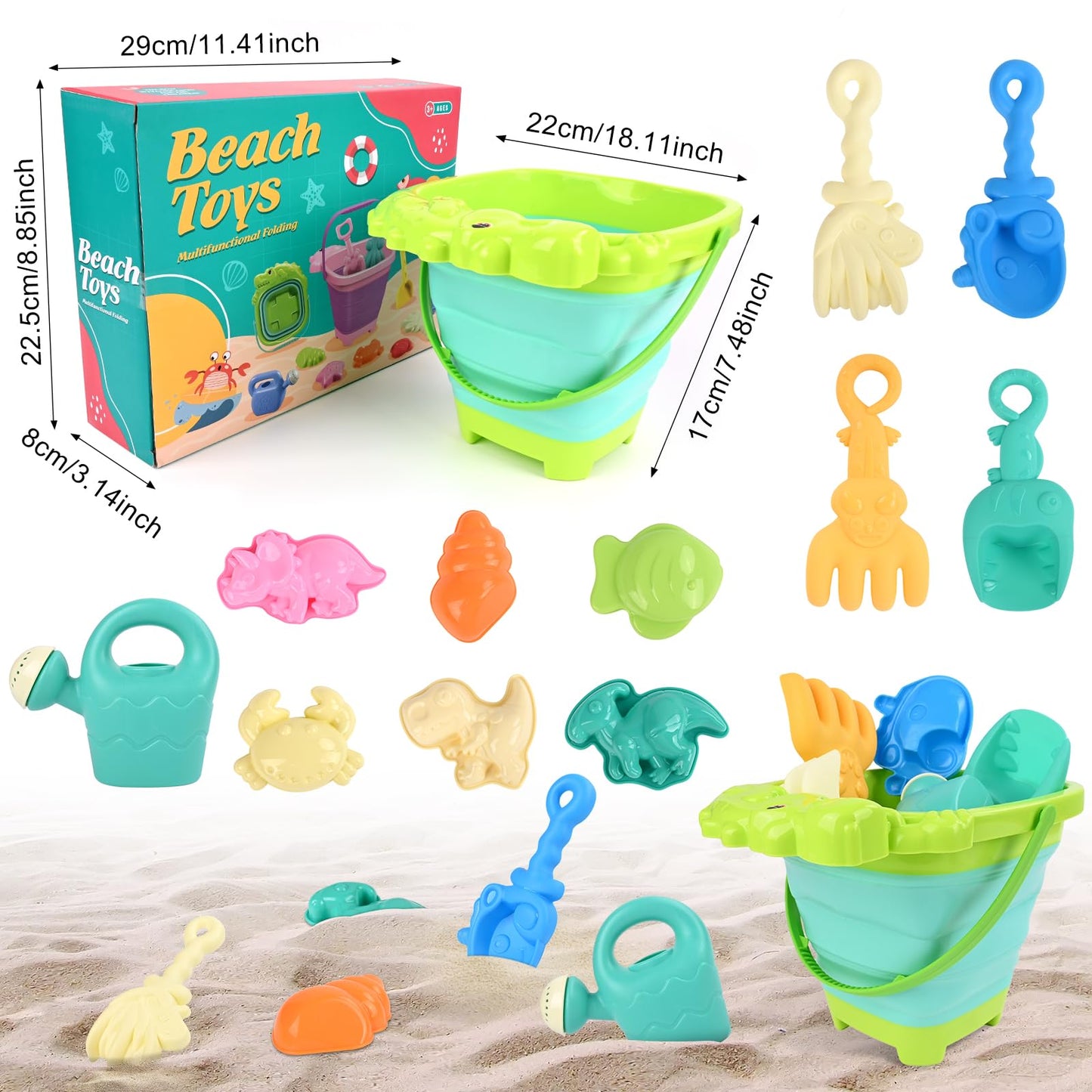 Euakee Sand Toy for Children, 11 Pieces Sand Toys with Foldable Bucket, Sanity Toy Set, Sand Toy Beach, Sandpit Toy for Children 3 4 5 6 7 Years (Orange)