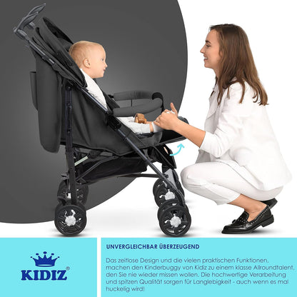 KIDIZ® City-Pro Pushchair Folding Pushchair Pushchair Sports Pushchair Foldable 360° 6 Inch Wheels Includes Mosquito Net, Footmuff and Rain Cover Foldable Sleep Function Blue 