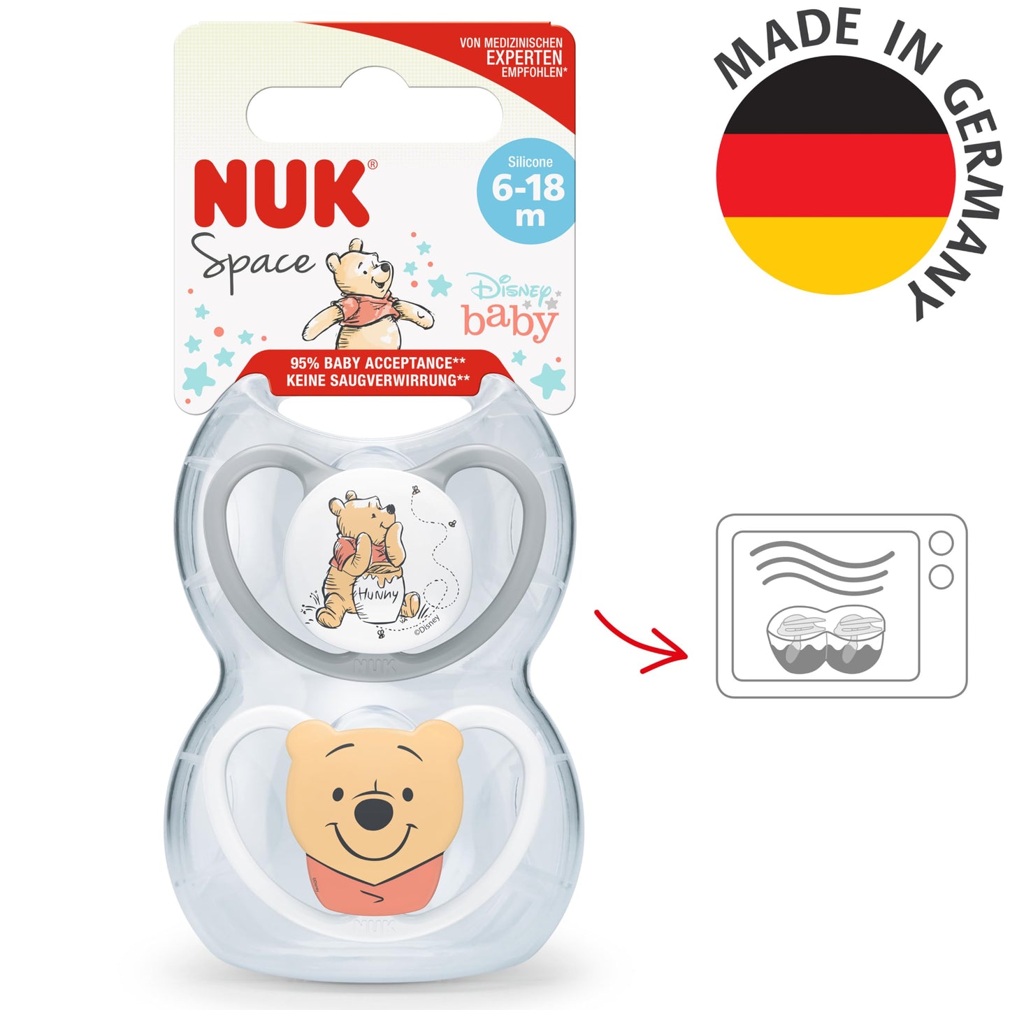 NUK Space Schnuller | 0–6 Monate | Schnuller mit extra Belüftung | BPA-freies Silikon | Disney Winnie Puuh | 2 Stück