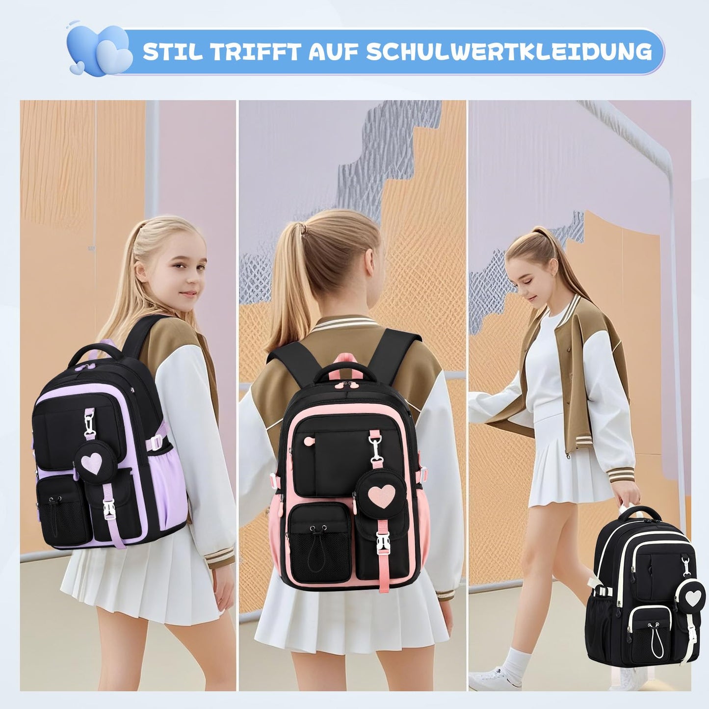 Schulrucksack Teenager Mädchen 22,9L mit Abnehmbarem Münzbeutel | Reflektierende Sicherheitsstreifen,S-förmige Wirbelsäulenstütze,Wasserfestes Gewebe,Wabenbelüfteter Rücken