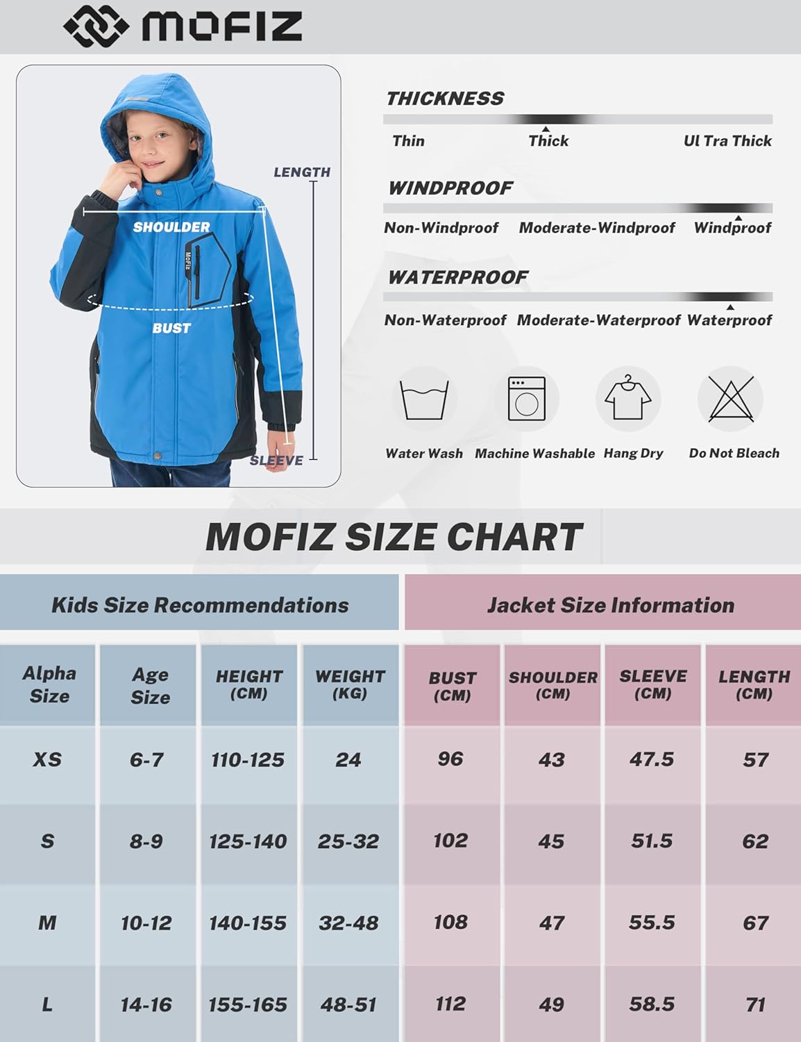 MoFiz Winter Jacket Boys Ski Jacket Warm Inner Lining Children's Outdoor Softshell Jackets Snow Jacket with Removable Hood