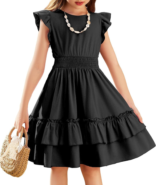 Arshiner Girls Dresses Flutter Sleeves Kids Summer Cotton Formal Dress A-Line Waist Lace-up Casual Dress Swing Dress Elegant Sleeveless Dress for Girls 5-13 Years 