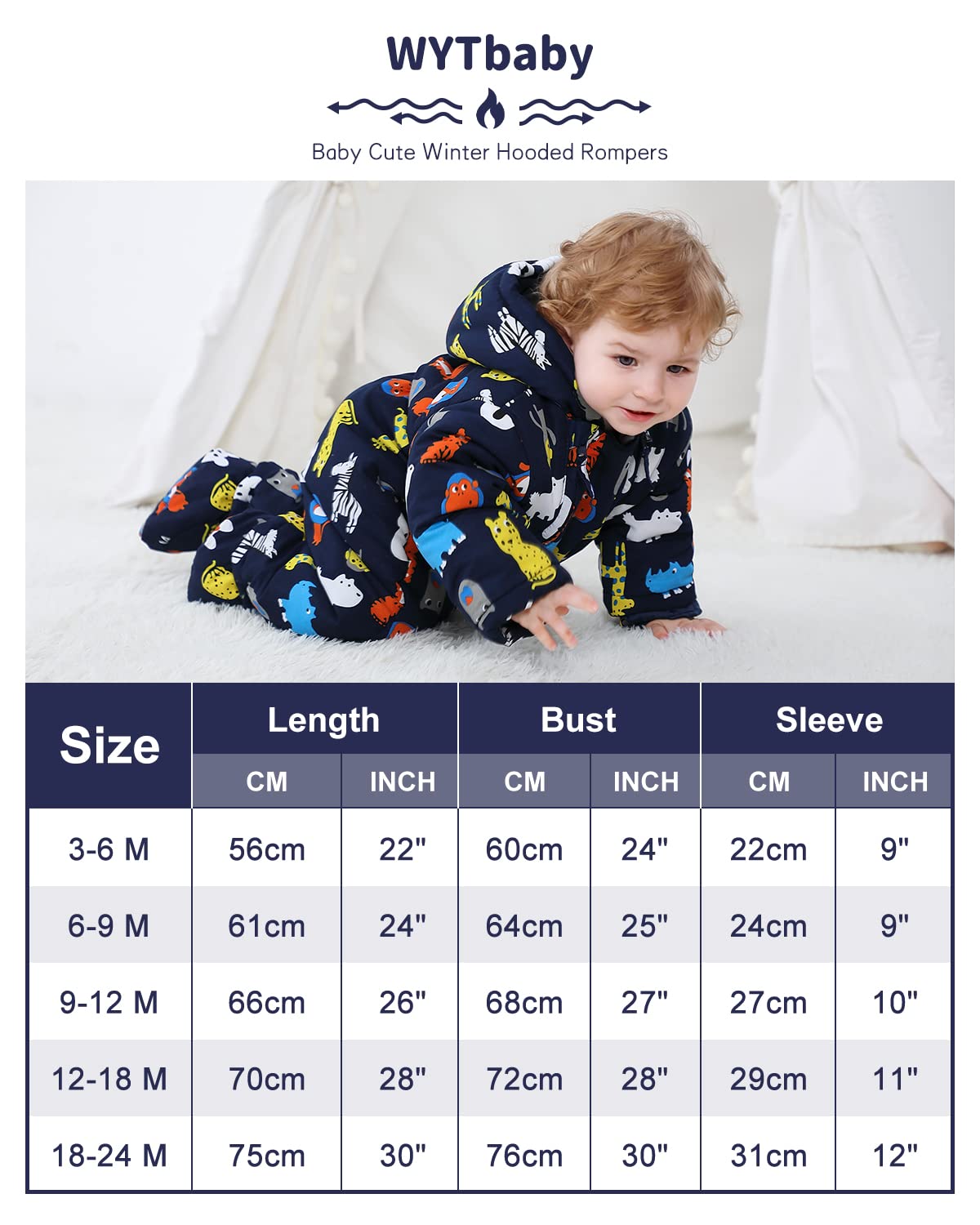 Baby Romper with Hood, Snowsuits with Gloves and Booties, for Toddlers, Fleece Cotton Romper for Toddlers, Boys and Girls, Warm Jumpsuit, Winter Jacket, 6-9 Months