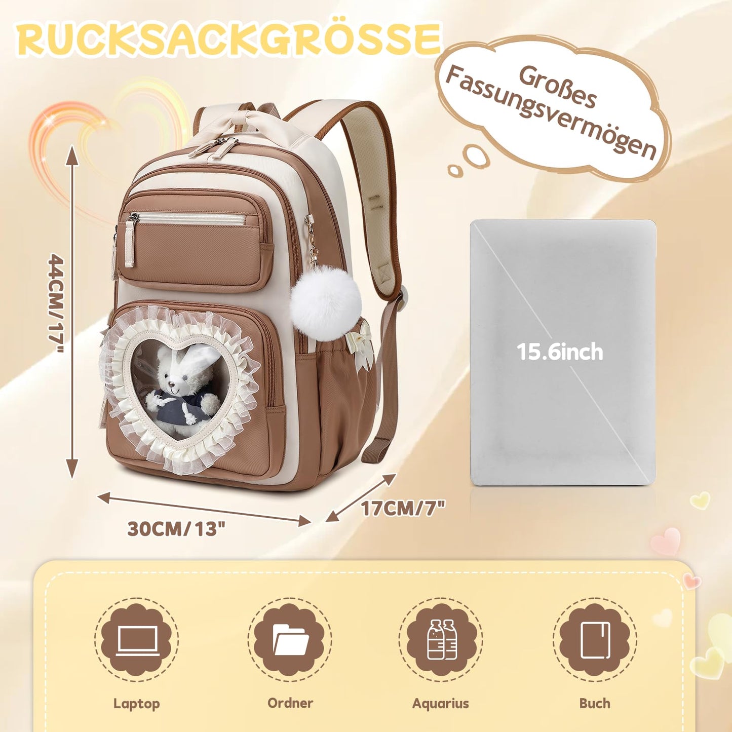 Schulrucksack Mädchen Herzdesign 22L mit Gepäckgurt für Schule | Spitze & Schleifendetails, Ergonomische 3D-Rückenpolsterung, wasserabweisendes Polyester, zahlreiche getrennte Fächer