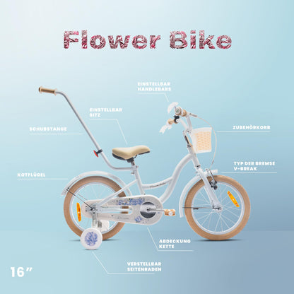sun baby Mädchenfahrrad Flower Bike Radgröße zur Auswahl, mit Abnehmbarer Schubstange, Kinderfahrrad für Mädchen von 2 bis 6 Jahre