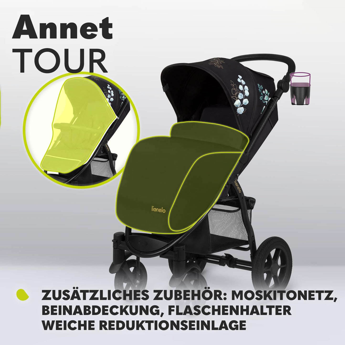 LIONELO Annet Plus Buggy up to 22 kg with Reclining Function, Small Folding Pushchair with Accessories, EVA Foam Wheels, Mosquito Net, Foot Cover Drink Holder, Basket Dreamin