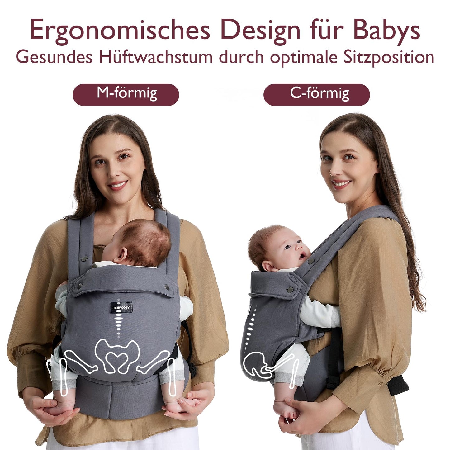Momcozy Babytrage aus 100% Baumwolle – Baby Carrier für Kleinkind (3-24 Monate, 3,2-20 kg) · Ergonomische M-Position · X-Rücken · Taillengurt 64-127cm, Khaki