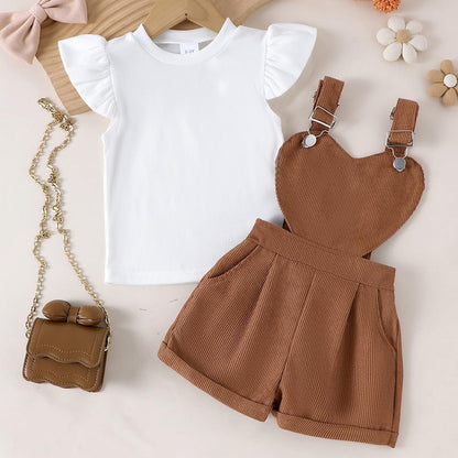 Baby Mädchen Sommer Outfits Rüschen Kurzarm Ripptop+ Blumen/Herzmuster Overalls Shorts Mit Tasche Süßes 2-Teiliges Kleidungsset