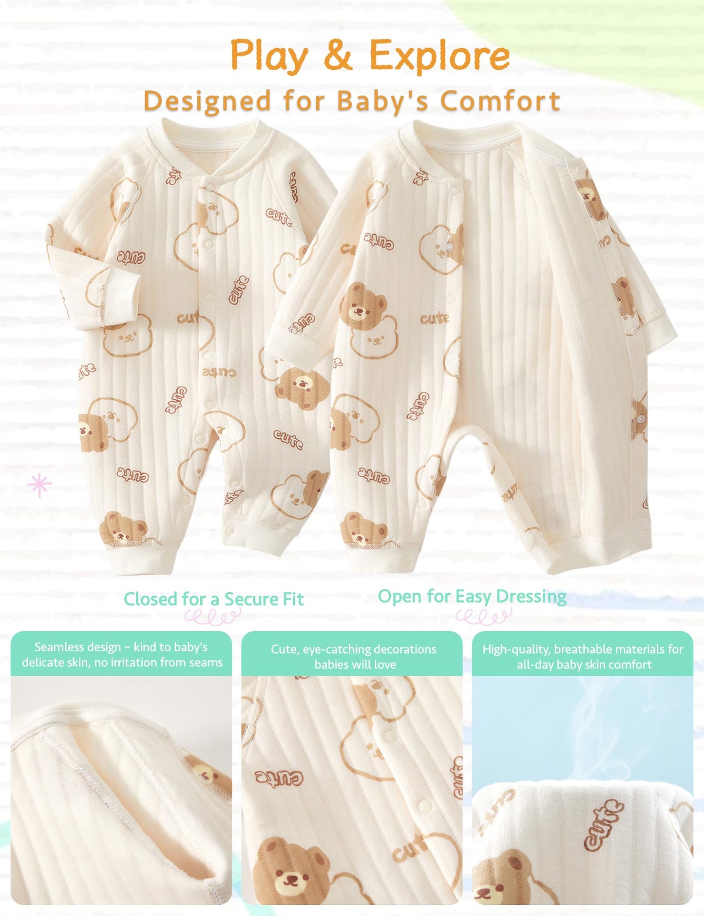 Neugeborener Unisex Strampler, Langarm-Overall, 100 % Baumwolle, weich und bequem, für Babys, Oberbekleidung und Nachtwäsche, geeignet für alle Jahreszeiten