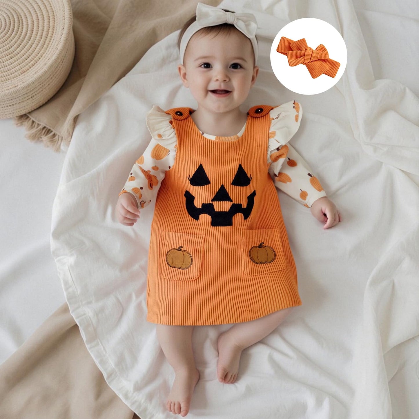Geagodelia Baby Girl Halloween Clothing Outfit Pumpkin Ghost Baby Clothing Set Body Top + Jumpsuit Dress Newborn Soft Baby Set