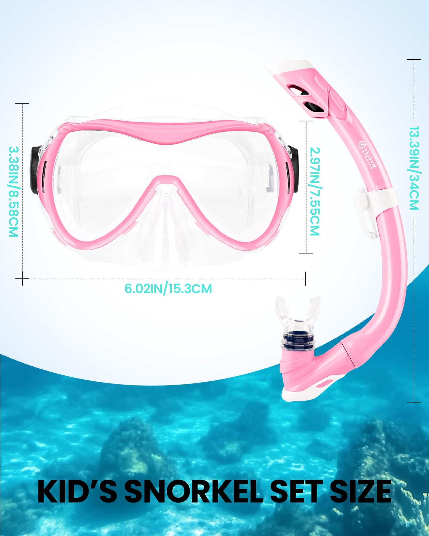 OutdoorMaster Marlin Children's Snorkel Set, Adjustable Strap, Dry Top Diving Mask, Anti-Fog Snorkel Mask, Children's Swimming Goggles for Boys and Girls, Age 4-14