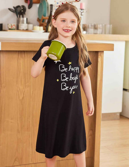 Arshiner Nightdress Girls Short Sleeve Pyjamas Children's Sleep Dress Cat Unicorn Crew Neck Night Dress 4-12 Years
