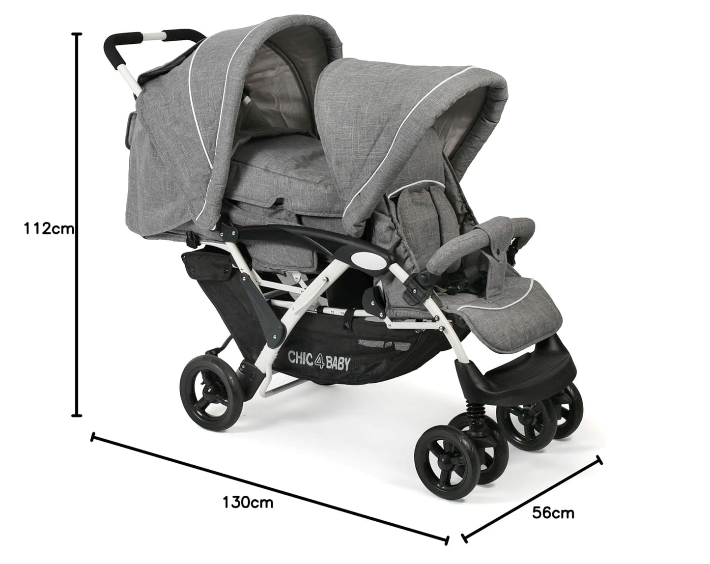 CHIC 4 BABY - Geschwisterwagen DUO mit Tragetasche und Regenschutz, Geschwisterkinderwagen für zwei Kinder, Zwillingswagen, Zwillingsbuggy, Tandemkinderwagen, Tandembuggy, Kinderwagen, Jeans grau