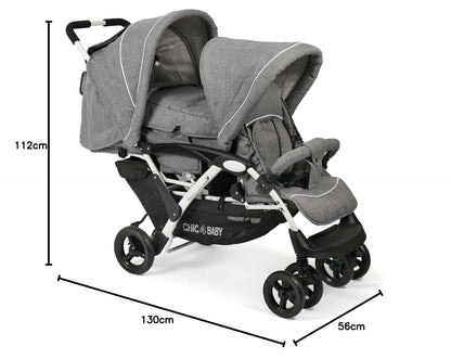 CHIC 4 BABY - Geschwisterwagen DUO mit Tragetasche und Regenschutz, Geschwisterkinderwagen für zwei Kinder, Zwillingswagen, Zwillingsbuggy, Tandemkinderwagen, Tandembuggy, Kinderwagen, Jeans grau