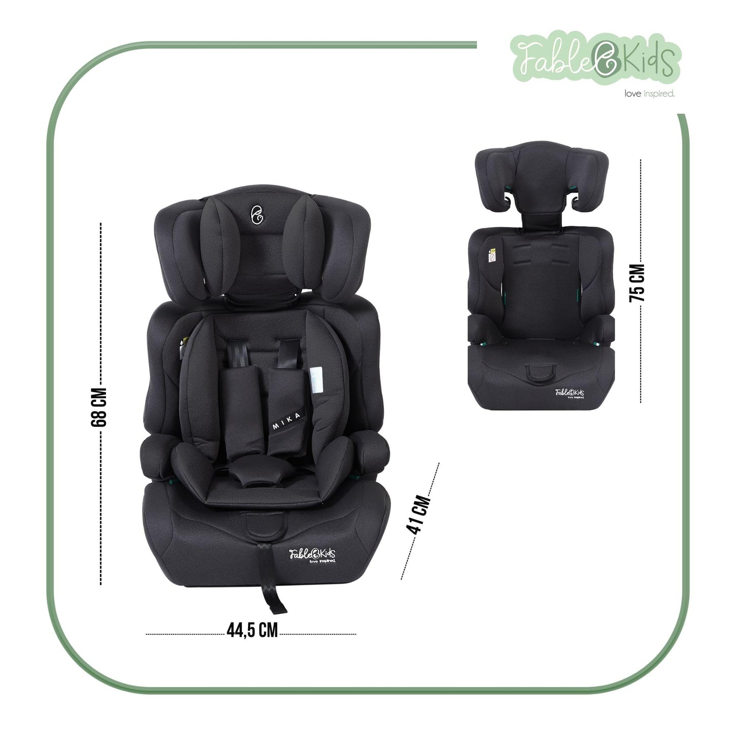 FableKids Kinderautositz 9-36 kg | 3-Punkt-Sicherheitsgurt | Autokindersitz ab 15 M. | Autositz für Kinder 76-150 cm | Kindersitz einstellbare Kopfstütze ECE R129/03 | Verstellbar | Schwarz
