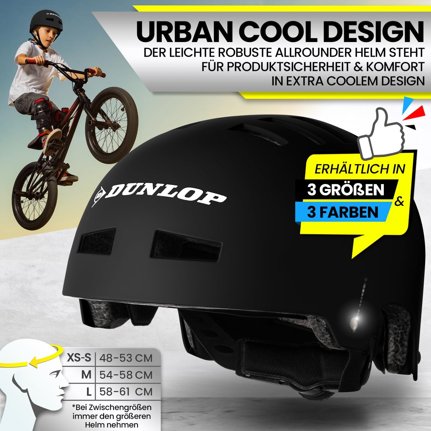 DUNLOP SPORTS Fahrradhelm Kinder Jugendliche Erwachsene - Test Sehr Gut - Leichter robuster Urban Allrounder Helm, 14 Fach belüftet, Schnellverschluss, Auto Kopfanpassung