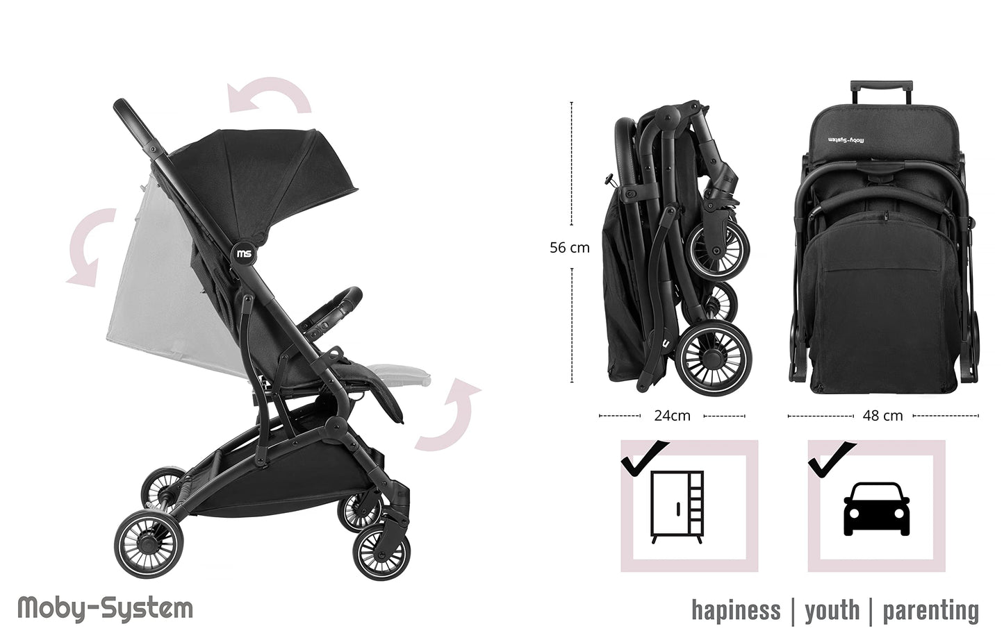 Moby-System, Buggy, superleicht und kompakt, bis 14 kg, verstellbare Rückenlehne, Doppelräder, schwenkbare Schaumstoffräder, faltbar, mit Sonnendach – idealer Kinderwagen für Spaziergänge, grau